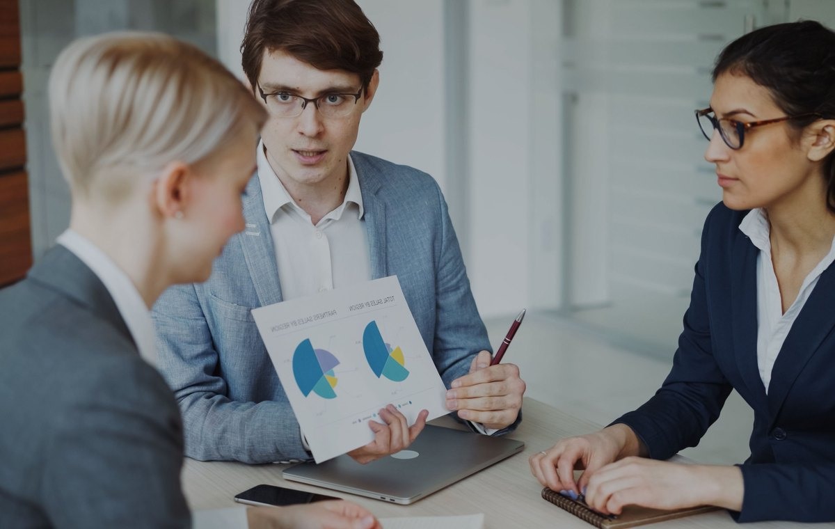 Team bespreekt financiële grafieken en kwaliteitscontroles